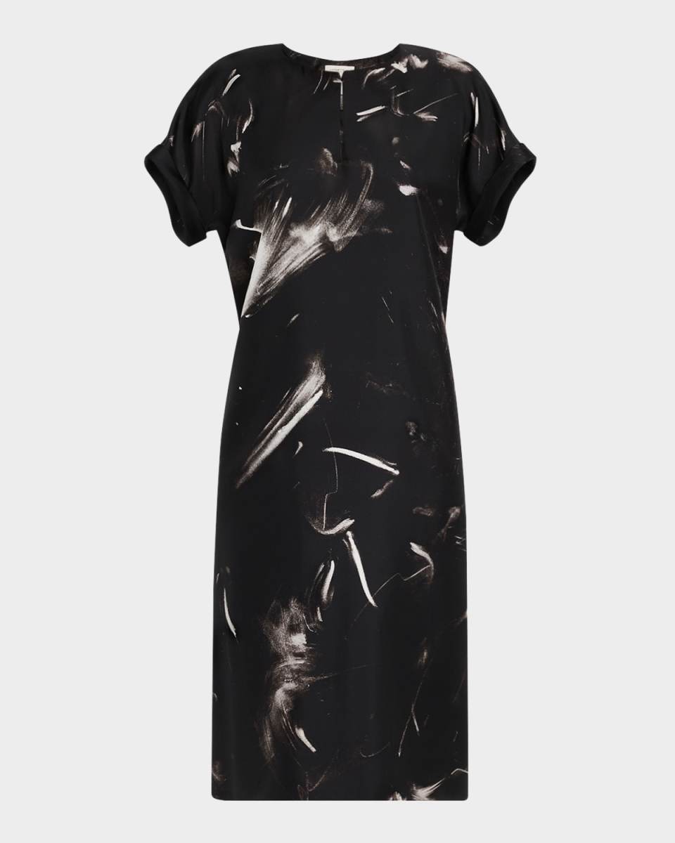 Cuffed Short-Sleeve Silk Dress